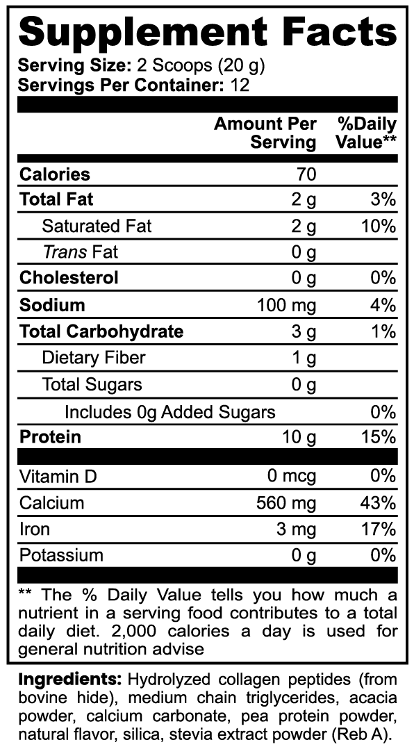 Grass-Fed Collagen Creamer - Vanilla Supplement facts label for a product with nutritional information.