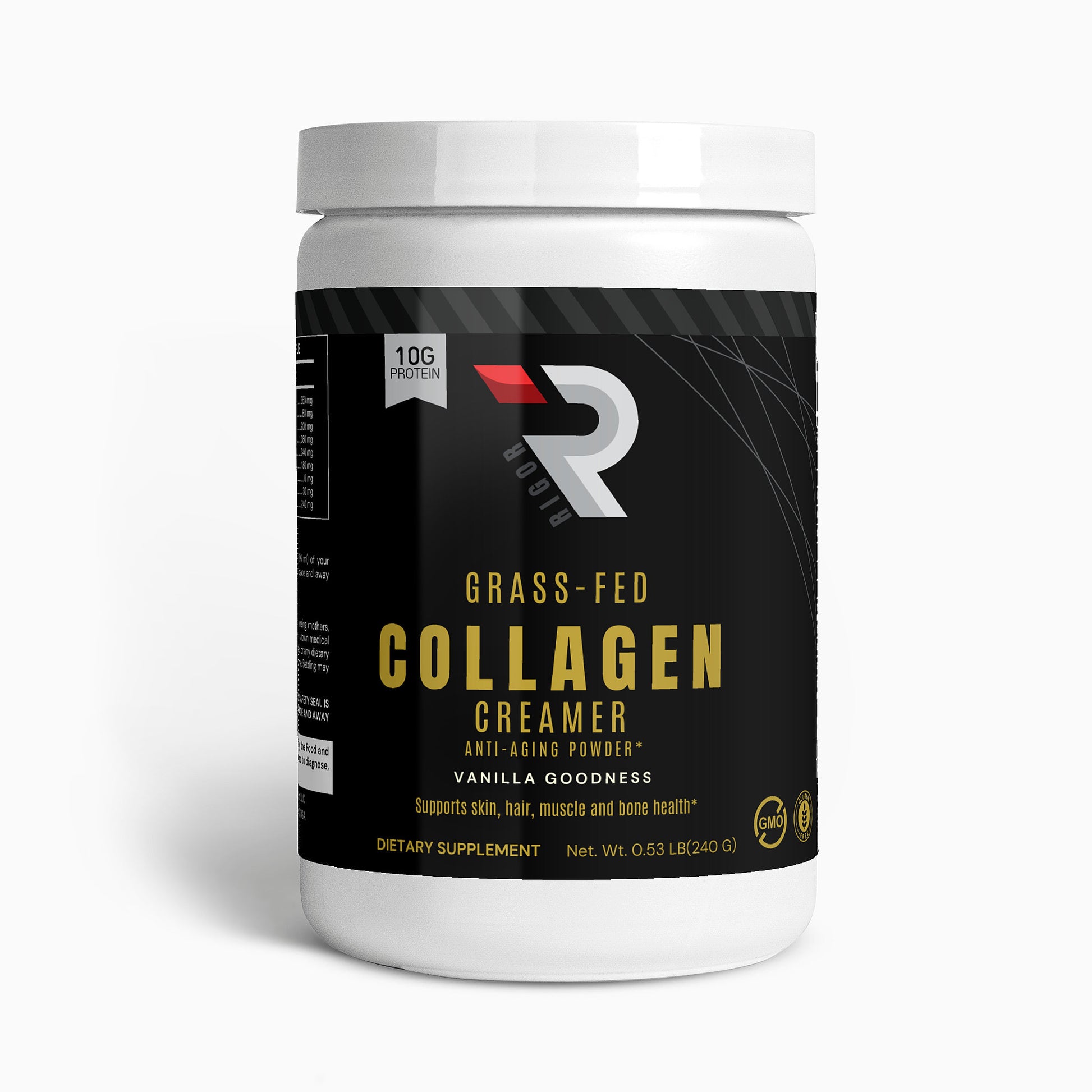 Container of grass-fed collagen creamer with a brand logo on a white background