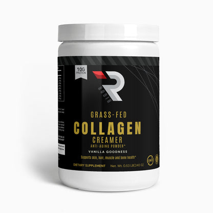 Container of grass-fed collagen creamer with a brand logo on a white background