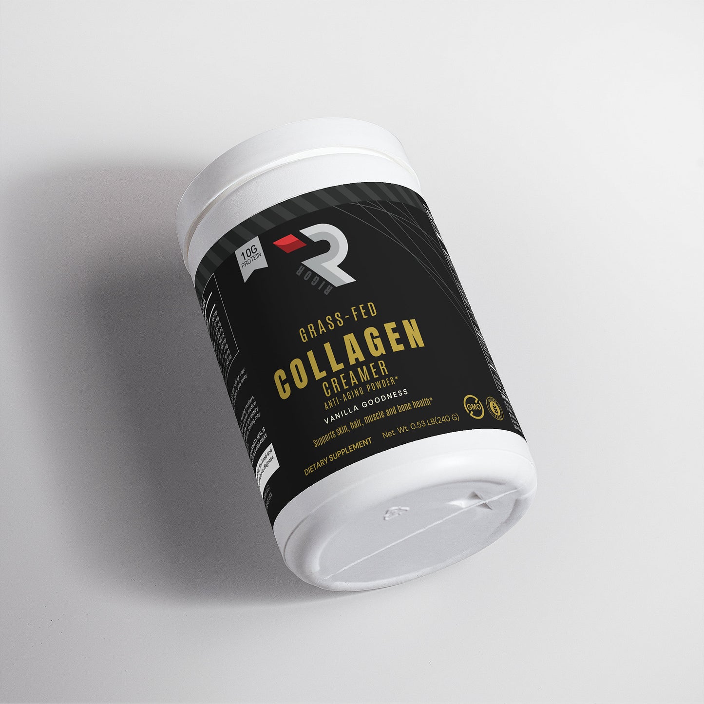 Container of grass-fed collagen creamer with a brand logo on a gray background