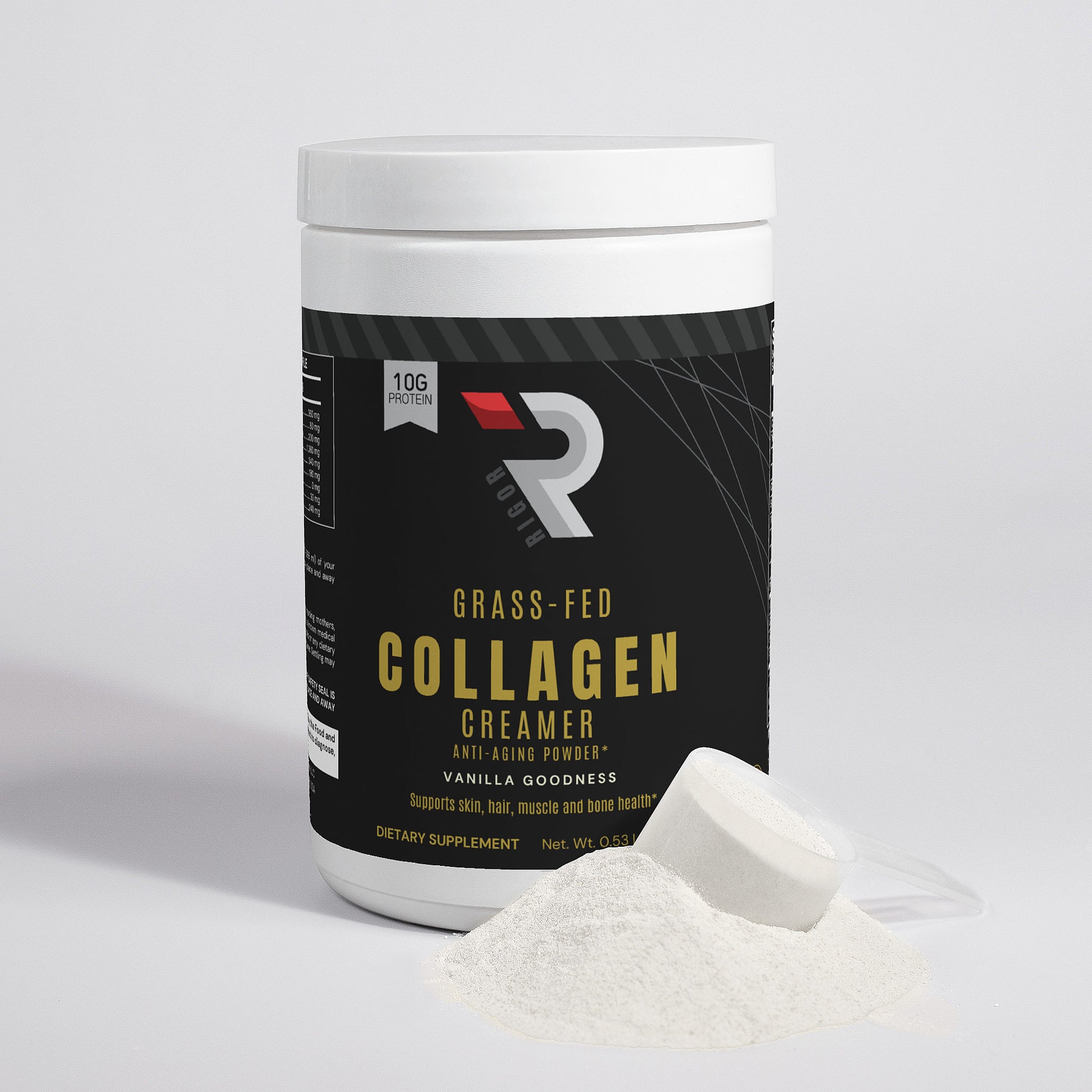 Container of grass-fed collagen creamer with a visible brand logo on a white background