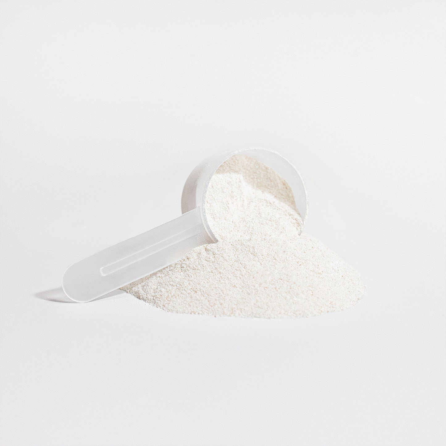 White Grass-Fed Collagen Creamer powder in a clear plastic scoop on a light gray background
